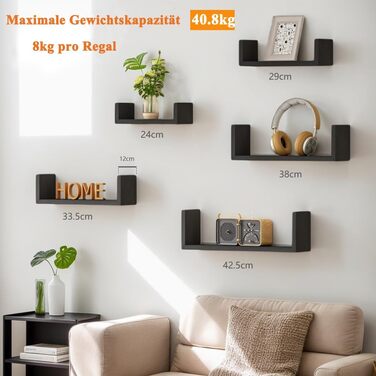 Полиця настінна SRIWATANA біла 5 шт., дерев'яна, плаваючі полиці до 40 кг, сучасна настінна полиця для декору, DIY монтаж для вітальні, ванної, спальні, офісу, кухні (Чорний)