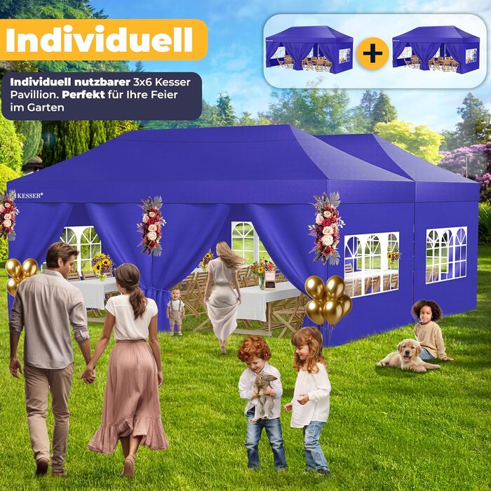 Павільйон KESSER® 6x3м з 6 знімними стінками, для саду, регульована висота, водовідштовхувальний, з сумкою, колісними анкерами, UV-захист 50+, для вечірок (Темно-синій)