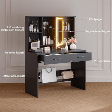 Дзеркальний туалетний столик JUMMICO з LED-підсвічуванням, 2 шухляди, 4 полиці, білий (чорний)