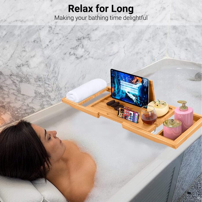 Підставка для ванни ADOV з бамбука, розширювана, з місцем для телефону, книги, напоїв та свічки. Підходить для більшості ванн
