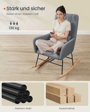 Крісло-гойдалка SONGMICS HOME з підлокітниками, для вітальні та спальні, сірий, до 136 кг, LYY500G01