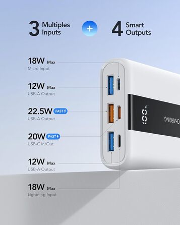 МАг, швидка зарядка 22,5 Вт, USB-C, сумісний з iPhone, Samsung, Huawei - білий, 20000