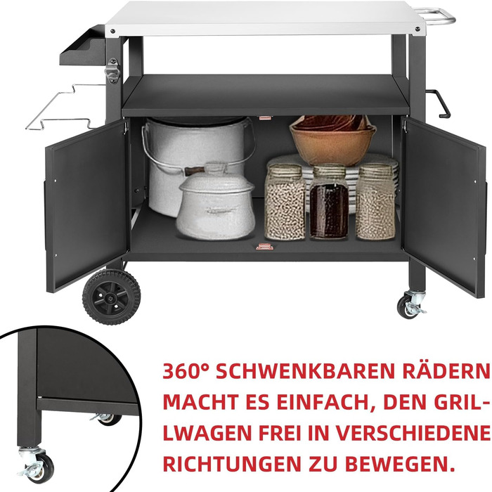 Набір для гриля з великою робочою поверхнею | Гриль-стіл, вуличний гриль-тролей, стіл з нержавіючої сталі для саду, срібно-чорний 112*59*82см