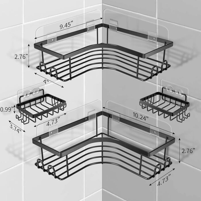 Душова полиця без свердління, 4 шт. и, кутовий органайзер для ванної кімнати, чорний, нержавіюча сталь SUS304, з мильницею