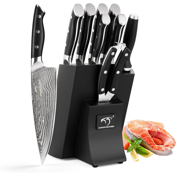 Набір кухонних ножів Дамаск з дерев'яним блоком, професійний набір кухаря, VG10, 67 шарів, преміум якість (9 предметів, чорний)