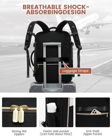 LOVEVOOK Рюкзак для ручної поклажі, дорожній рюкзак для жінок, водонепроникний, з відділенням для взуття, 17-дюймовий ноутбук, рюкзак для подорожей, 40L, 45x36x20, чорний