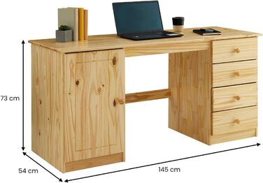 Комп'ютерний стіл Письмовий стіл для ПК, масив сосни в натуральному лакованому вигляді з чотирма висувними ящиками