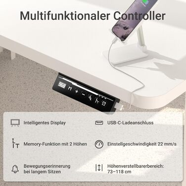 Регульований стіл з USB-C зарядкою 140 x 60 см, пам'ять, електричний, стабільний, стоп-стіл, регульований комп'ютерний стіл (білий, 140 x 60 см)
