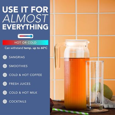 Скляний глечик для холодильника (2 шт.) об'ємом 1 літр з кришкою, рифлений дизайн, не протікає, вентильована кришка для гарячої/холодної води, чай, кава, молоко