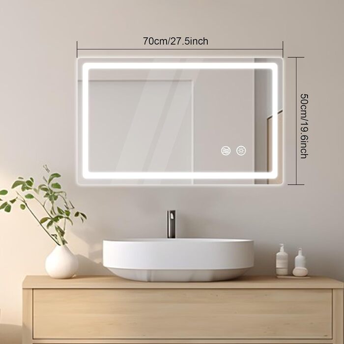 LED дзеркало для ванної кімнати KLGFI з підсвіткою, сенсорним вимикачем та функцією антизапар, 50 x 70 см