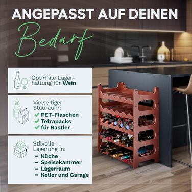 Пластикова полиця для пляшок Novaliv на 36 пляшок, розширювана, коричнева. Полиця для вина, напоїв, спиртних напоїв. Система зберігання пляшок, шафка для пляшок
