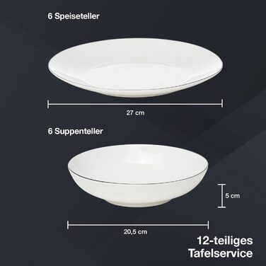 Набір посуду на 6 осіб, 18 предметів, білий з чорним обідком (Tafelservice). Включає: 6 тарілок для десерту, 6 кавових чашок, 6 підставок під кавові чашки.