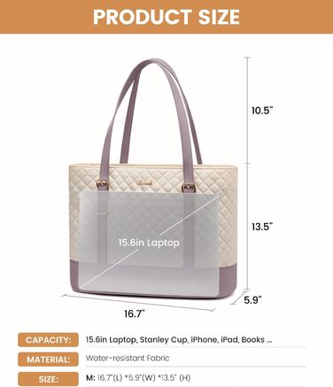 Сумка для ноутбука LOVEVOOK 15.6 дюймів для жінок з відділенням для ланчу, сумка-шоппер, ділова сумка, портфель, сумка для навчання, містка, водонепроникна, для офісу, університету, чорна (15.6 дюймів, Бежевий, Рожевий)