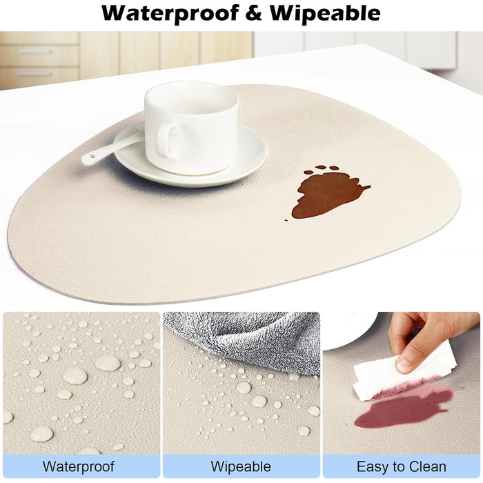 Набір з 6 підставок під тарілки, миючіся з підставками, двосторонні, з імітацією шкіри, водонепроникні для столу, кухні, ресторану та дому (6 шт., бежево-сірі)