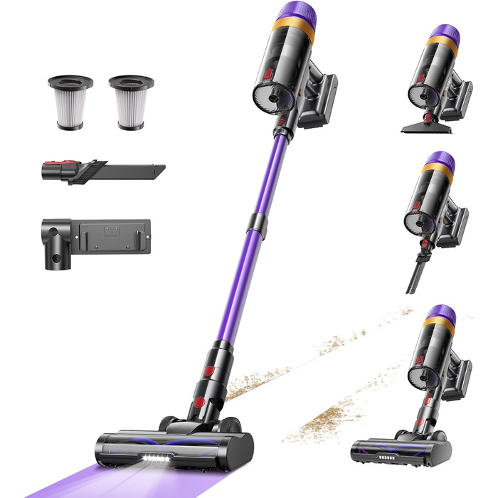 Бездротовий акумуляторний пилосос 50000Pa, 580W, 70 хвилин, 1.8L з дисплеєм, самостійна підставка, док-станція на стіні, антизаплутувальна щітка, 8-рівнева фільтрація, для шерсті тварин/килимів/твердих поверхонь/автомобіля