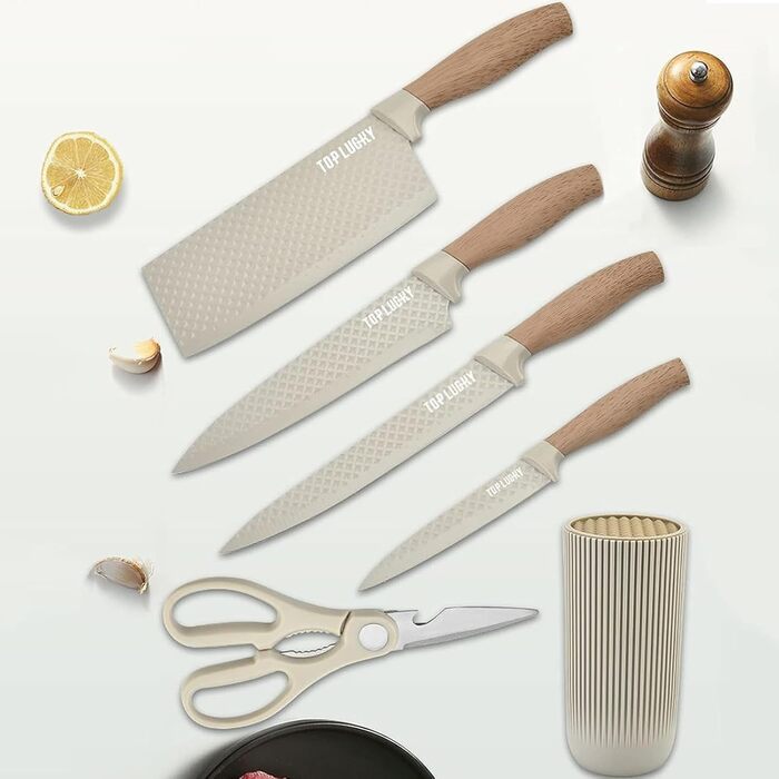 Набір кухонних ножів, 6 предметів, чорний, гострий, з антипригарним покриттям, нержавіюча сталь, з підставкою (Khaki)