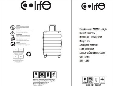 Набір чохлів COOLIFE жорстка оболонка, ABS, замок TSA, телескопічна ручка, 4 колеса (білий/коричневий)