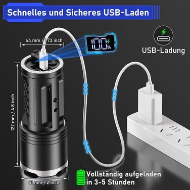 Потужний LED ліхтар JAY-PARK 500000 Люмен, акумулятор 10800 мАг, LCD-дисплей заряду, 5 режимів світла, зум, водонепроникний IPX7, чорний матовий — для кемпінгу та походів