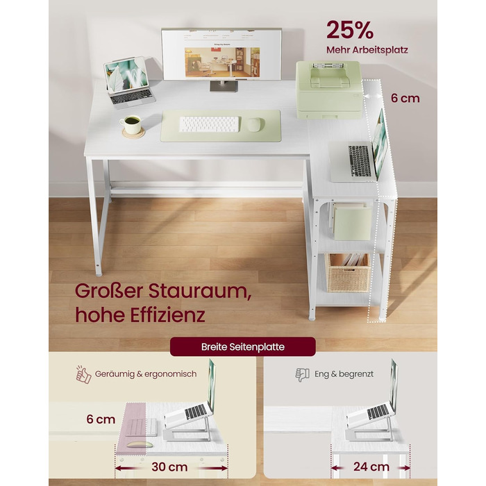 Кутовий стіл VASAGLE L-подібної форми з полицею, для офісу вдома, 120 x 80 см, Ahornweiß (без розетки)