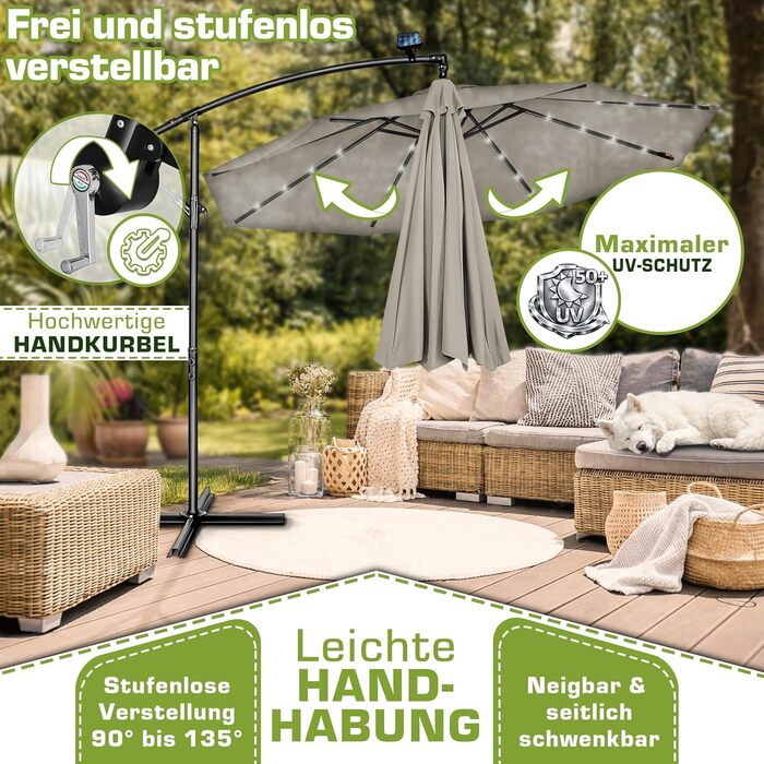 Садова парасолька Tillvex Alu Ampelschirm з LED-освітленням на сонячній батареї, 350 см, колір тауп — Алюмінієвий зонт від сонця з рукояткою, захистом від UV та вітру, включаючи чохол та стійку