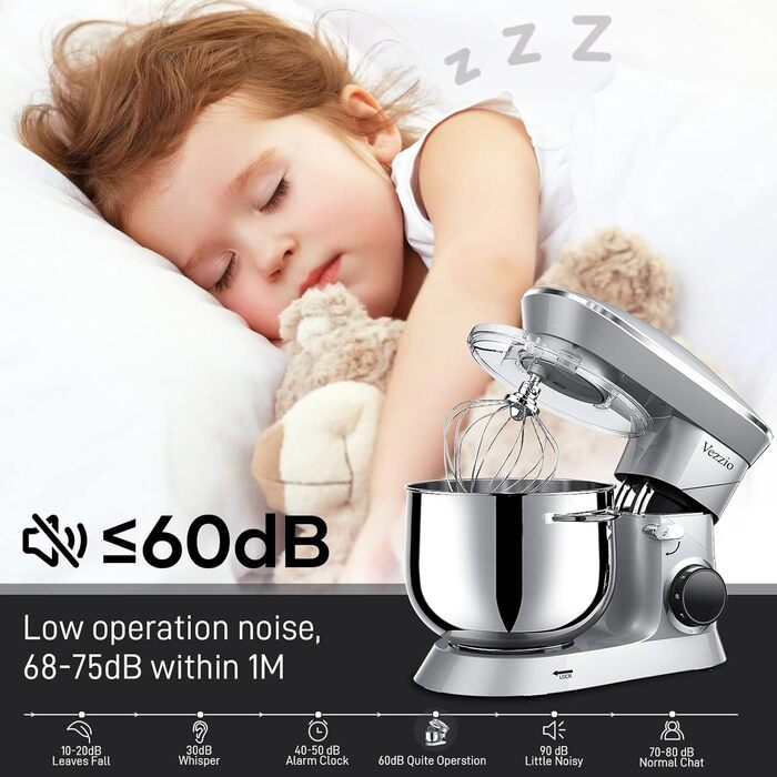 Кухонна машина Vezzio 1500W з чашею 8.5L з нержавіючої сталі: міксер, тістоміс, планетарний міксер для дому