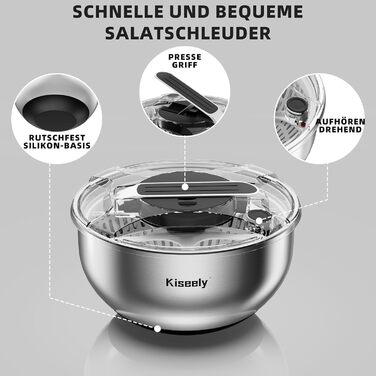 Салатниця-швидкосушарка з нержавіючої сталі 4.2L з мискою та кришкою, для салатів, овочів, ягід