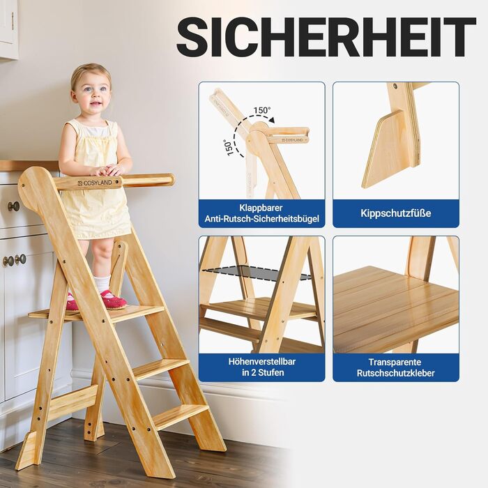 COSYAND Монтессорі стільчик-сходинка для дітей від 1 року, регульована висота | Сходинка Монтессорі | Кухольчик для дітей | Колір: Темно-сірий-натуральний