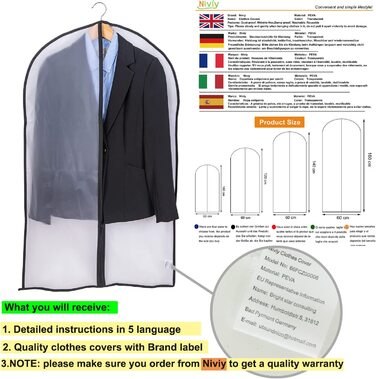 Сумка для одягу Niviy з 6 предметів, високоякісна сумка для одягу, прозора дихаюча тканина 60x100 см, для костюмів, пальто, піджаки, сорочки, вечірні сукні, сумка для костюмів ,чохол для одягу (чорний, 60x10060X120 см)