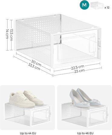 Коробки для взуття SONGMICS, набір з 12 шт. , органайзер для взуття з пластику, складний і штабельований, для взуття до 46 розміру, прозоро-білий LSP12MWT (12 шт. (31,2 х 22,5 х 13,5 см), прозорий білий)
