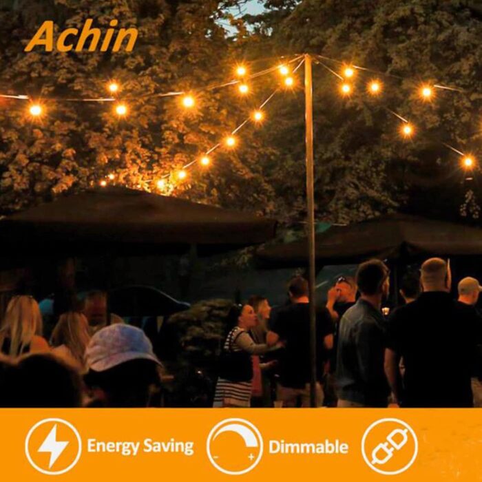 LED гірлянда на 15 метрів, тепле біле світло 2700K, 25+2 лампочки G40 E12, димер, для зовнішнього використання, сад, вечірка, тераса