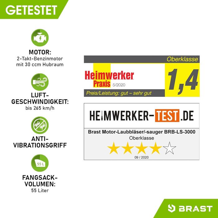 Бензиновий збирач листя BRST® Laubsauger Laubbläser 1,0kW (1,36PS) з мішком 55L, 2 насадки, ремінь та антивібраційний руків'я | 4в1 | Швидкість потоку 73 м/с
