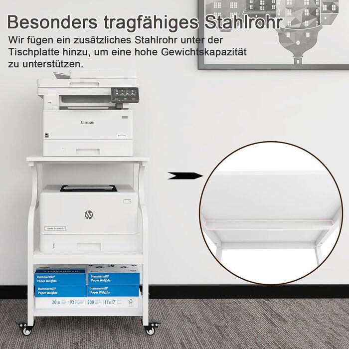 Регульований стіл для принтера PUNCIA з 3 ящиками, 60 x 50 см, на коліщатках, з дерева та металу, білий