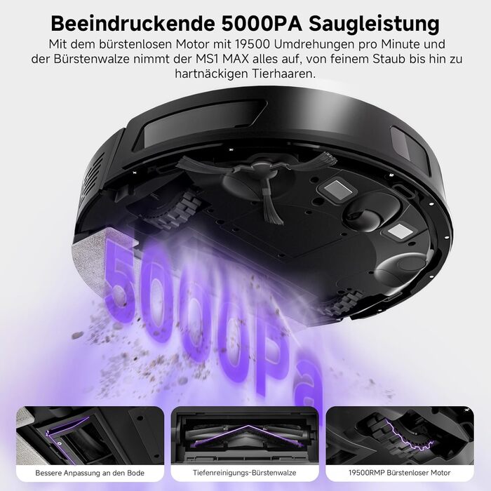 Робот-пилосос MONSGA з функцією миття, 3.5L, потужність всмоктування 5000Pa, час роботи 180 хв, навігація LiDAR, APP керування, чорний