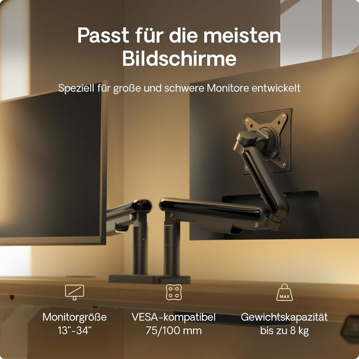 Підставка для двох моніторів Desktronic, до 32 дюймів, 8 кг, 360° обертання, регулювання висоти, міцна конструкція, проста установка, для великих моніторів, ергономічна, VESA 75/100, чорна