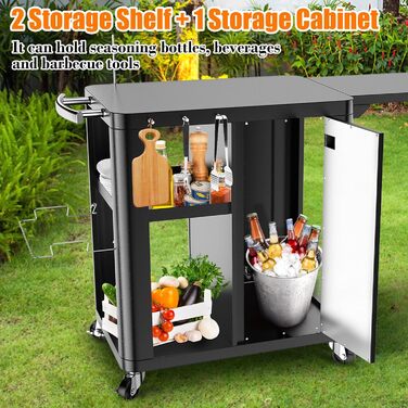 Гриль-возна Гриль-стіл з відкидним столиком, вулична кухня з гачками, полицею та шафкою, сервізний візок на колесах, чорний (143×37×89 см)