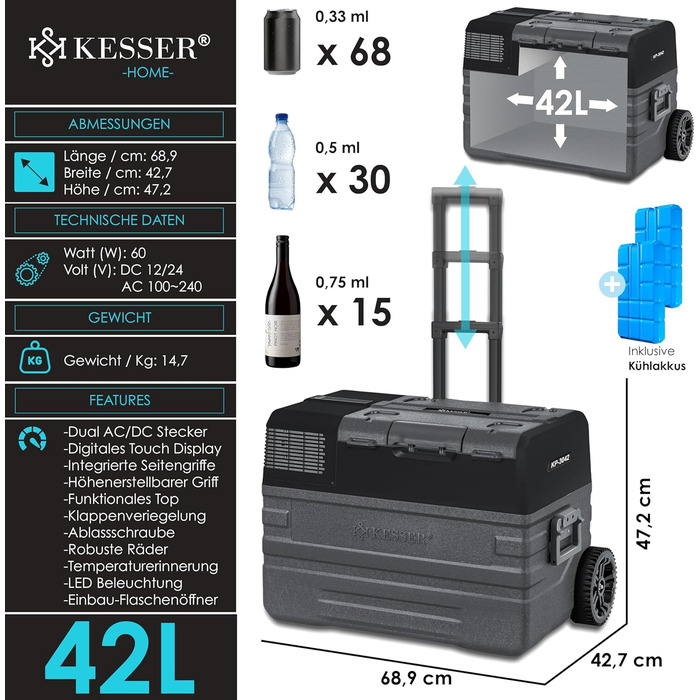 Автомобільний компресорний холодильник KESSER 42L з Wi-Fi, 12/24/230V. Морозильна камера до -20°C, колеса, телескопічна ручка для кемпінгу, фургону, вантажівки + 2 акумулятори холоду