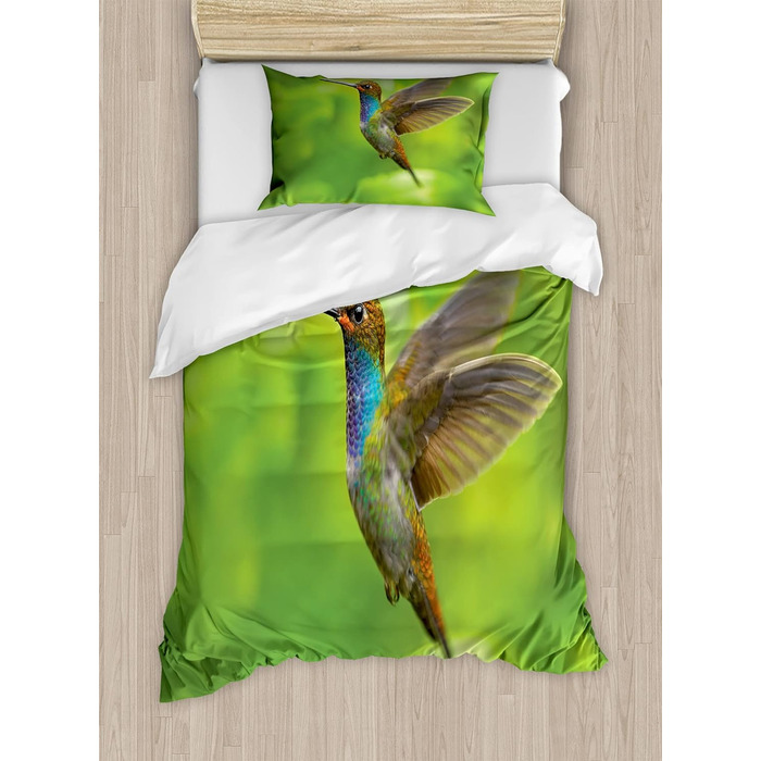 Набір підковдр колібрі для односпальних ліжок, барвистий птах на природі, захист від кліщів алергіків Підходить з наволочкою, 130 x 200 см - 70 x 50 см, Lime Green Multicolor 130 x 200 см - 70 x 50 см Лаймово-зелений багатобарвний