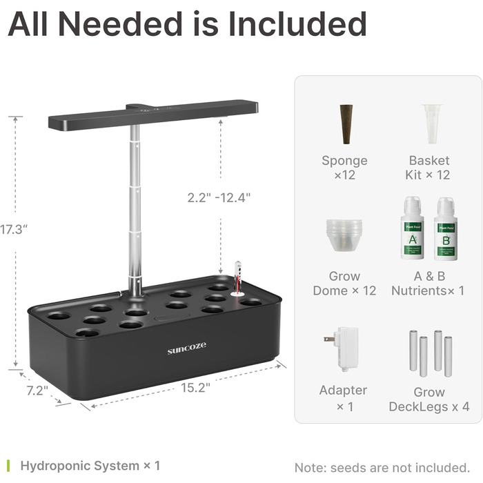 SUNCOZE Гідропонна система вирощування, набір для вирощування трав в приміщенні з LED-лампою, Smart Garden на 12 касет, 4L резервуар для води, регульована висота, тиха інтелектуальна помпа, для дому, кухні, чорний