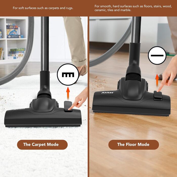 Пилсос Akitas 900W з мішком – мережевий кабель 7 м, радіус дії 10 м, тиха робота 70 дБ, додаткова насадка для підлоги, регульована потужність, велика ємність, для твердих підлог та килимів (C11 Trubo)
