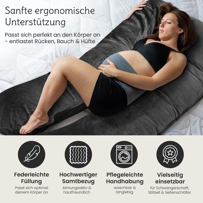 Подушка для вагітних ELONEO XXL, подушка для сну на боці, вагітність, велика U-подібна подушка, подушка для годування з м'яким, знімним та пральним чохлом, сіра антрацит