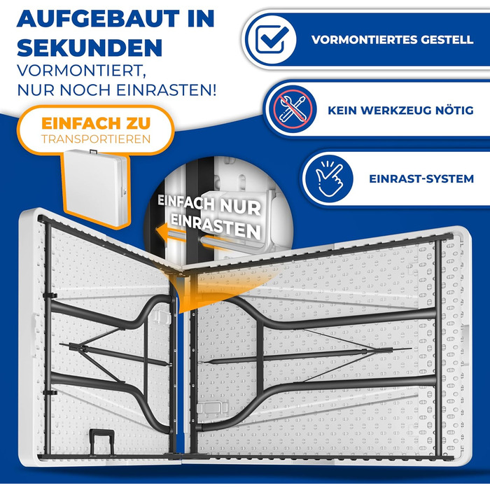 Стол KESSER® розкладний буфет пластиковий 183x76 см для кемпінгу, відпочинку, саду, тераси, балкону на 6 осіб з чохлом та ручкою, білий