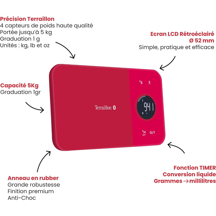 Кухонні ваги Terraillon, Можна підключити до смартфона/планшета, Розрахунок енергоспоживання, З функцією тарування, Індикатор рідини, Таймер, Bluetooth Smart, 5 кг, NutriTab, Журавлинно-червоний