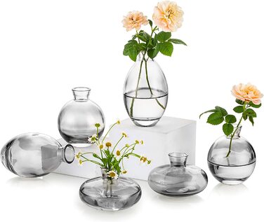 Маленькі вази для прикраси столу, вінтажна ваза ручної роботи, міні-ваза з 3 предметів, скляна ваза для квітів, сучасний набір, велика гладка ваза з гідропонного скла для прикраси квітів, весільного столу, вітальні (2 комплекти, сірого кольору)