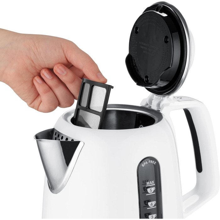Чайник Dualit Domus білий - 1,5 л 3 кВт Чайник з нержавіючої сталі - Двосторонні скляні вікна для вимірювання - Чайник швидкого нагріву із запатентованою технологією Sure Pour - Чайник без бісфенолу А білий