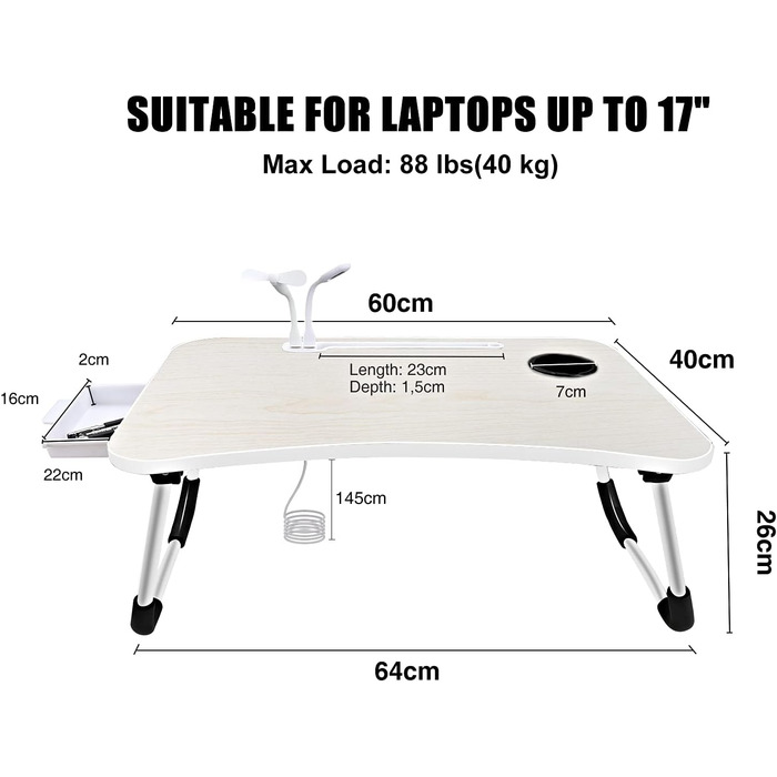 Стіл для ноутбука в ліжко/на диван, складаний, з USB-портами, ящиком та підставкою для планшета (60 x 40 см, білий)