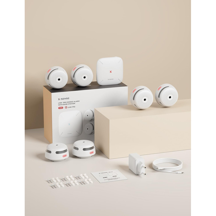 X-Sense комплект димових датчиків з базовою станцією SBS50 (6 шт.), сертифікований EN 14604, Wi-Fi, сумісний з додатком X-Sense Home Security, білий