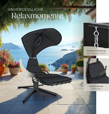 Тектайк® Гамак з каркасом, гамак-шезлонг, гамак-гойдалка з сонцезахистом, гамак-крісло з сумкою, подушкою для голови, для саду, тераси та балкону - (Чорний)