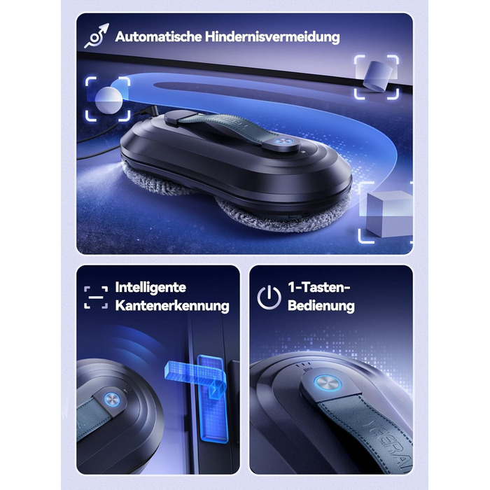 Робот для миття вікон Yeerain з функцією розпилення, потужність всмоктування 7000Pa, тиха робота, 3 режими очищення, інтелектуальна навігація, розпізнавання країв, в комплекті 10 мікрофібрових серветок сірого кольору 'Зоряне небо'