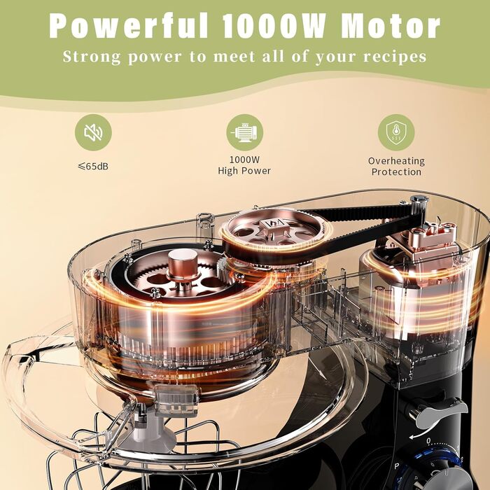 Кухонна машина Zuccie з тихою роботою, 5л чаша з нержавіючої сталі, 3 насадки, сплітц-захист, скребок для тіста та роздільник яєць, 8+P швидкості, для приготування тіста (білий/чорний)
