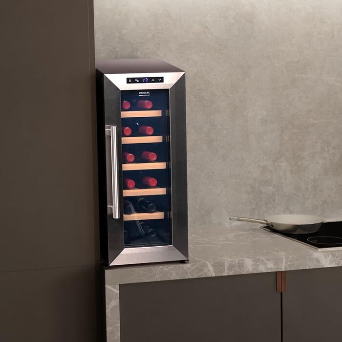 Винний шкаф Cecotec Bolero Grandsommelier 830 Coolcrystal: охолодження, терморегуляція 8-18°C, сенсорне управління, LED, для 12 пляшок (Inox + Holz)